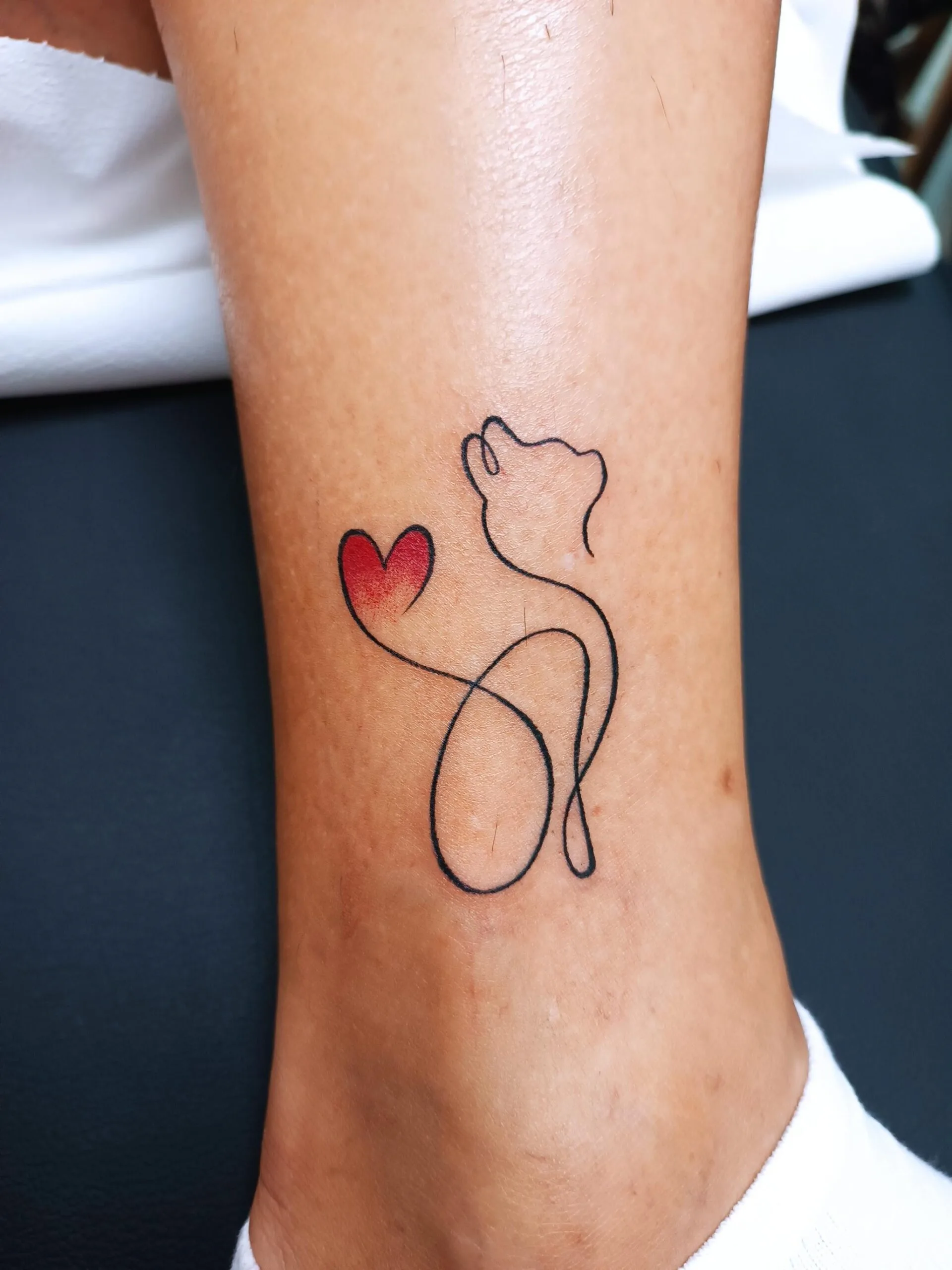 Tatuaje minimalista de un gato en línea continua con un corazón rojo en el tobillo.
